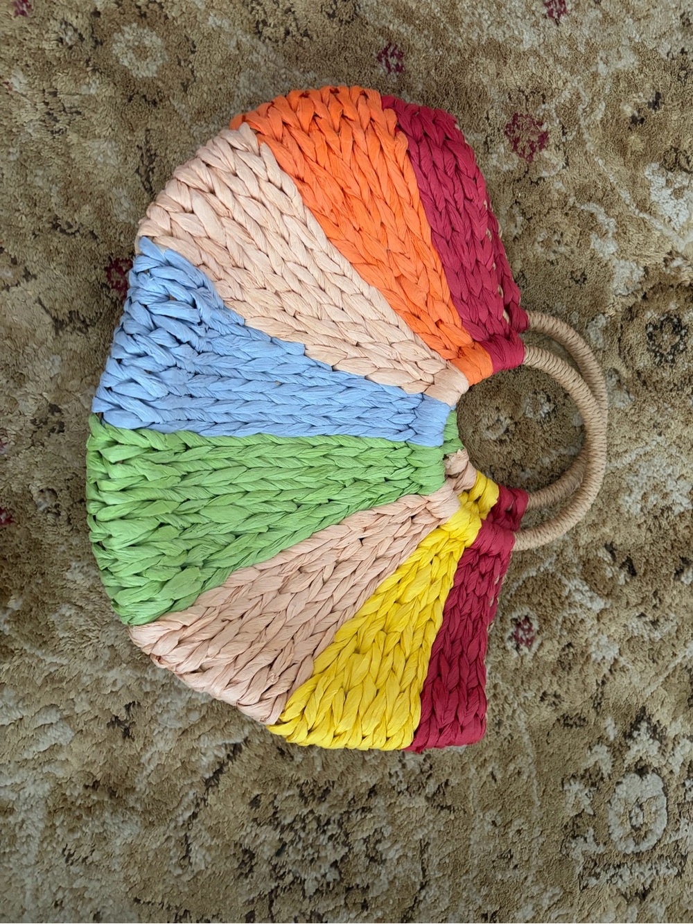NWOT Multicolor Woven Straw Circle Handle Tote - Rainbow BOHO coastal grandma